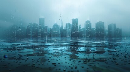 Fototapeta premium A futuristic cityscape shrouded in mist and rain, reflecting in a flooded street.