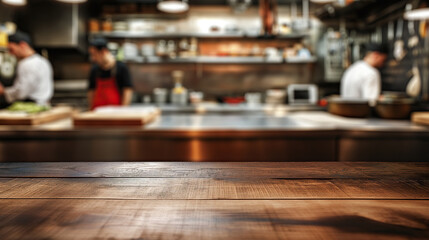 close up of empty wooden table with blurred professional chefs cooking in kitchen restaurant background