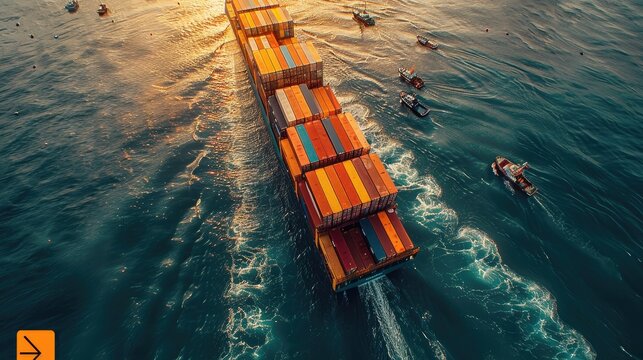 cargo ship with containers on the sea is sailing under an overpass, drone view from above