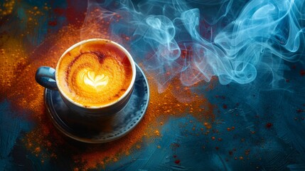 A steaming cup of coffee with heart-shaped latte art, surrounded by colorful smoke.
