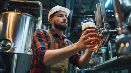 Low angle view of manufacturer examining beer glass at brewery