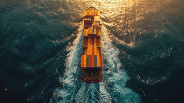 cargo ship with containers on the sea is sailing under an overpass, drone view from above