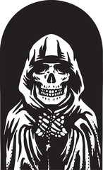 black and cartoon illustration of a person with a skull