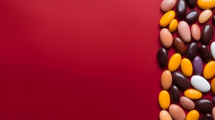 Obraz premium Vibrant Assortment of Colorful Chocolate Candies on Red Background