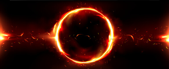 Fire circle frame. Flame light ring background. Ignite round fiery with glow and burn border effect. Red magic flare and hot spark wheel energy template. Neon speed inferno tunnel illustration © klyaksun