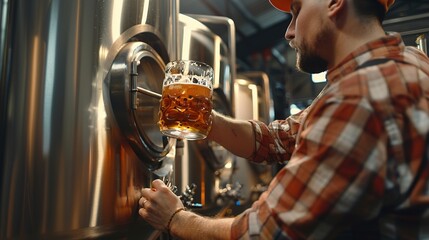 Low angle view of manufacturer examining beer glass at brewery