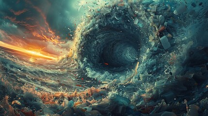 Abstract swirling vortex of plastic waste against a stormy sky.