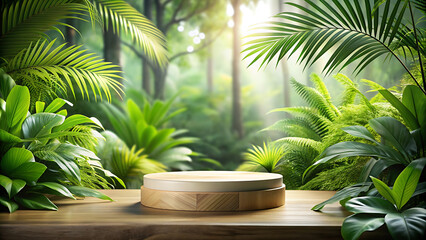 Fototapeta premium Wooden Platform in Lush Jungle Setting.