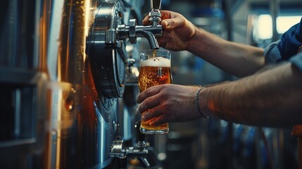 Low angle view of manufacturer examining beer glass at brewery
