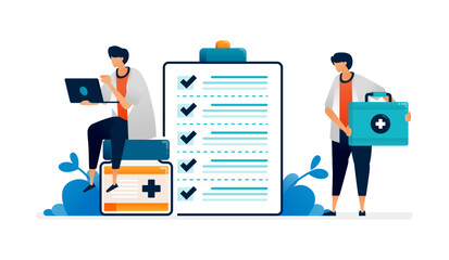 Healthcare illustration of pharmacists and doctors check all requirements in preparing ointments. Can be used for covers, banners, ads flyers, posters for hospitals and clinics