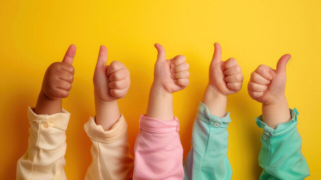 Little children's hands raised up with thumbs up on a studio yellow background. Children fight and defend their rights and desires. Toddlers vote and happy make a choice concept