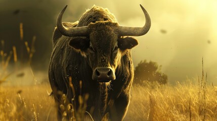 Naklejka premium Majestic Bull in Golden Sunset Field