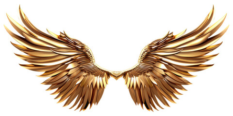 Golden, shiny, feathered metallic wings with an angelic look on a transparent, isolated background. Cut out or PNG.