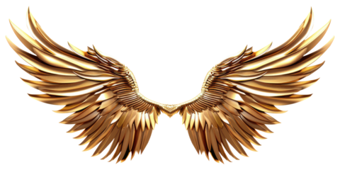 Golden, shiny, feathered metallic wings with an angelic look on a transparent, isolated background. Cut out or PNG.