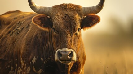 Naklejka premium Close-Up Portrait of a Brown Cow at Golden Hour