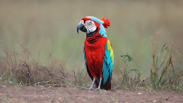 p&aacute;jaro colorido posado en una rama mirando hacia abajo hacia una cebra que se acerca alegremente desde la distancia.