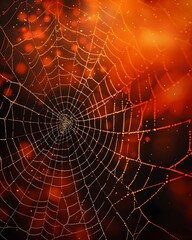 Dew-Covered Spider Web with Blurry Orange Background