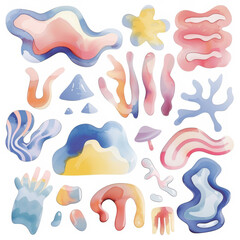 Colorful Abstract Watercolor Shapes in Pastel Hues on White Background