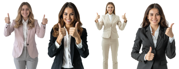 Pack of Happy businesswoman giving thumbs up set against transparent background