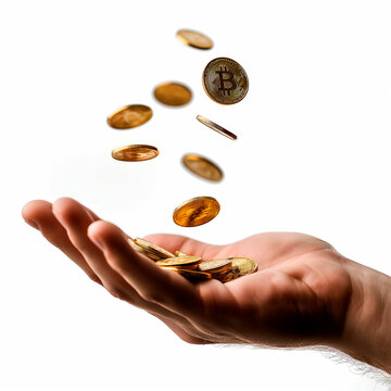 focused close-up of a man's hand, palm open, collecting gold coins falling from above, set against a plain white background, showcasing the intricate details of both the hand and the coins.