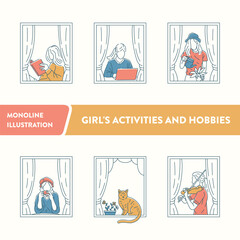 Girl's Activities Behind the House Window Curtains