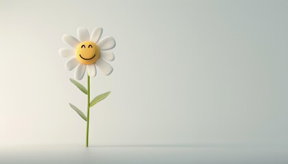 A minimalistic 3D rendering of a single, smooth flower with a cute smiley face, set against a plain white background