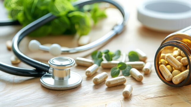 Healthy Innovative Herbal Functional Medicine A doctor's desk with natural supplements and a stethoscope