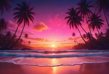 Fototapeta premium A purple-pink sunset on a beach with palm trees and an ocean view
