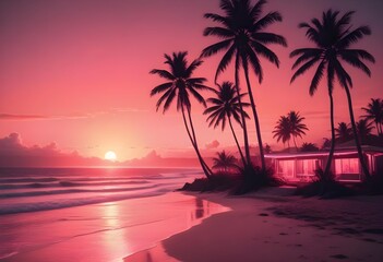A purple-pink sunset on a beach with palm trees and an ocean view