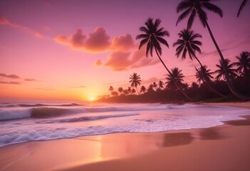 A purple-pink sunset on a beach with palm trees and an ocean view
