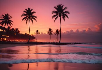 A purple-pink sunset on a beach with palm trees and an ocean view