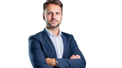 Portrait of smiling businessman standing with crossed arms, professional manager, confident businessman investor looking at camera on transparent background.