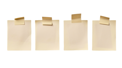 Four blank paper notes with tape on transparent background, PNG