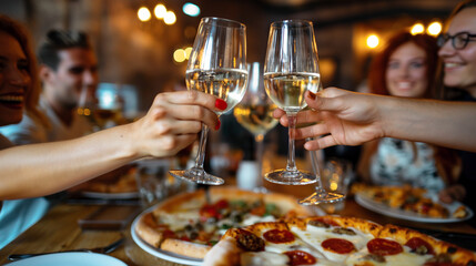 Friends Toasting With Wine Over Pizza in Restaurant