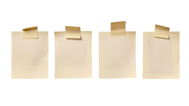 Four blank paper notes with tape on transparent background, PNG - Powered by Adobe