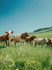 Fototapeta premium Herd of Cows Grazing in a Green Field