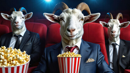 Three goats in suits sitting in a theater watching a movie with popcorn