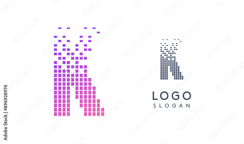 Aufkleber Pixelated Letter K transitioning into scattered pixels with gradient colors creating modern, digital effect like equalizer. Abstract logo for tech software and digital media. Vector illustration.