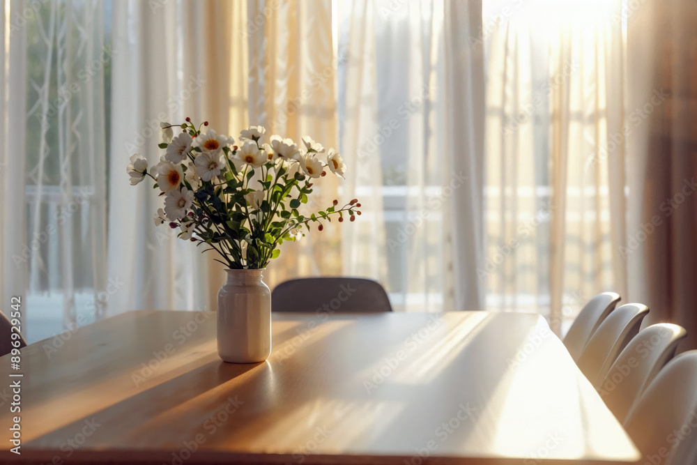 Poster white flowers in a vase sitting on a table with sunlight shining through the window