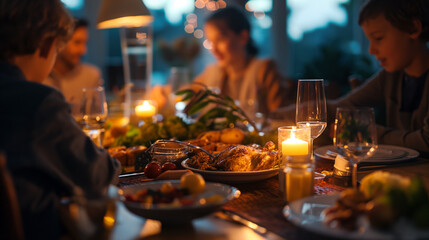 Obraz premium Family Enjoying a Candlelit Dinner With Roasted Chicken