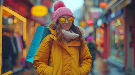 Obraz premium Woman in yellow coat and sunglasses holding shopping bags.