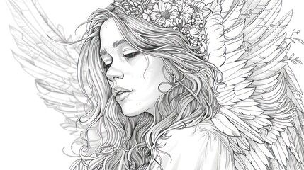 Fototapeta premium Ethereal Woman with Angel Wings and Floral Crown