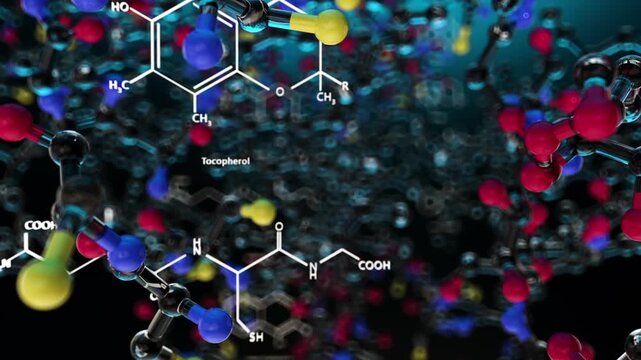 Molecule cell chemistry structute formula Chemical zoom in fly through. Medical macro biology science. Abstract 3D render animation.