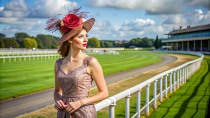 Young woman in elegant dress and fascinator at horse racing track, fashion, beauty, style, classy, chic, event, race day, elegant