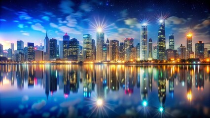 City skyline with illuminated buildings and twinkling lights reflecting off the water , urban, night, lights