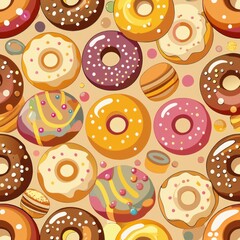  Seamless pattern of doughnuts with various toppings, Generative AI