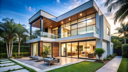 Modern two-story Miami home with large glass windows, open floor plan, and courtyard garden , Miami