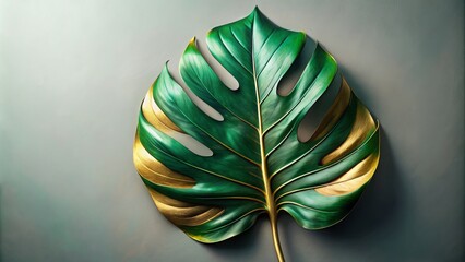 A painting of a green leaf with gold accents, leaf, green, gold, painting, art, nature, botanical, decoration, vibrant