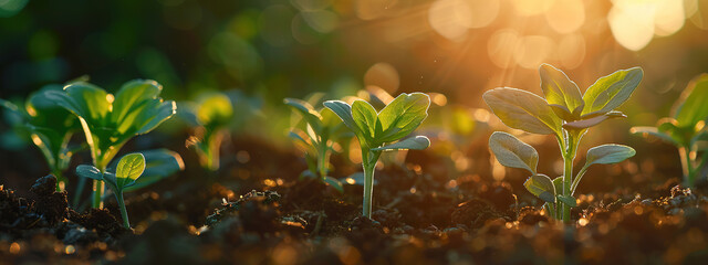  Close-Up of Young Seedlings Sprouting from Soil with Sunlight Casting Long Shadows. Dust Swirling in the Air and Blurred Background Emphasizing New Life.