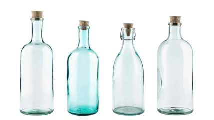 Four empty glass bottles with cork stoppers, transparent background, PNG